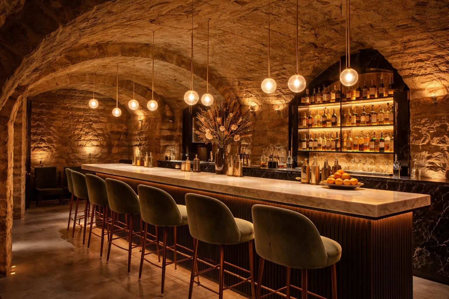 découvrez la transformation de la cave à vin lanrezac en un élégant bar à cocktails, alliant murs en pierre naturelle et éclairage design flos pour une ambiance unique.