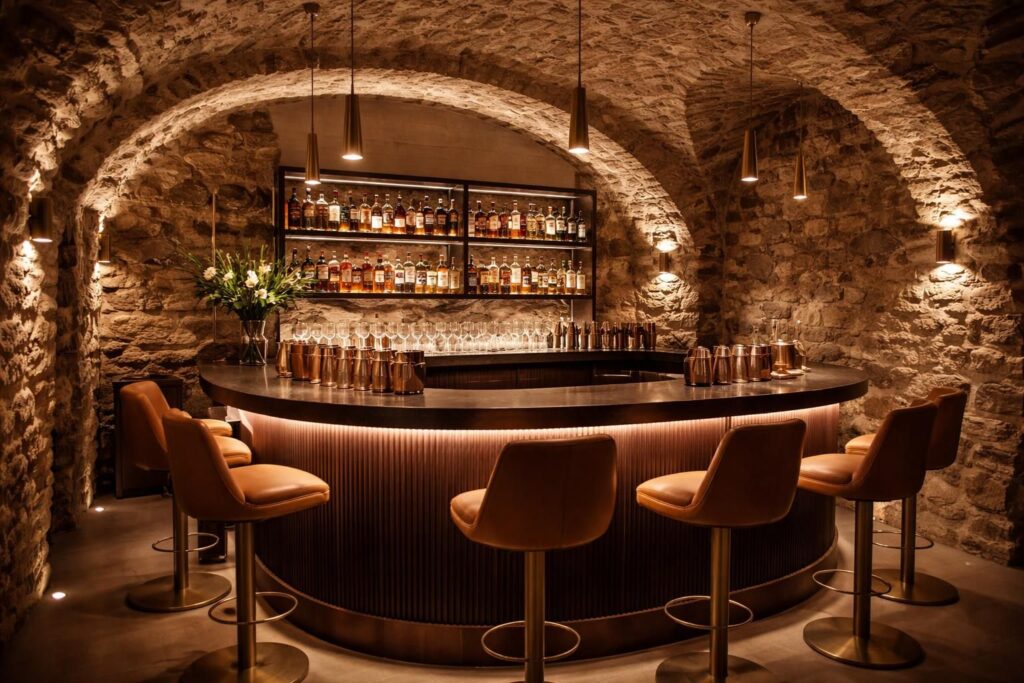 découvrez la transformation de la cave à vin lanrezac en un bar à cocktails élégant, alliant murs en pierre naturelle et éclairage design flos pour une ambiance chaleureuse et contemporaine.