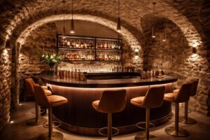 découvrez la transformation de la cave à vin lanrezac en un bar à cocktails élégant, alliant murs en pierre naturelle et éclairage design flos pour une ambiance chaleureuse et contemporaine.