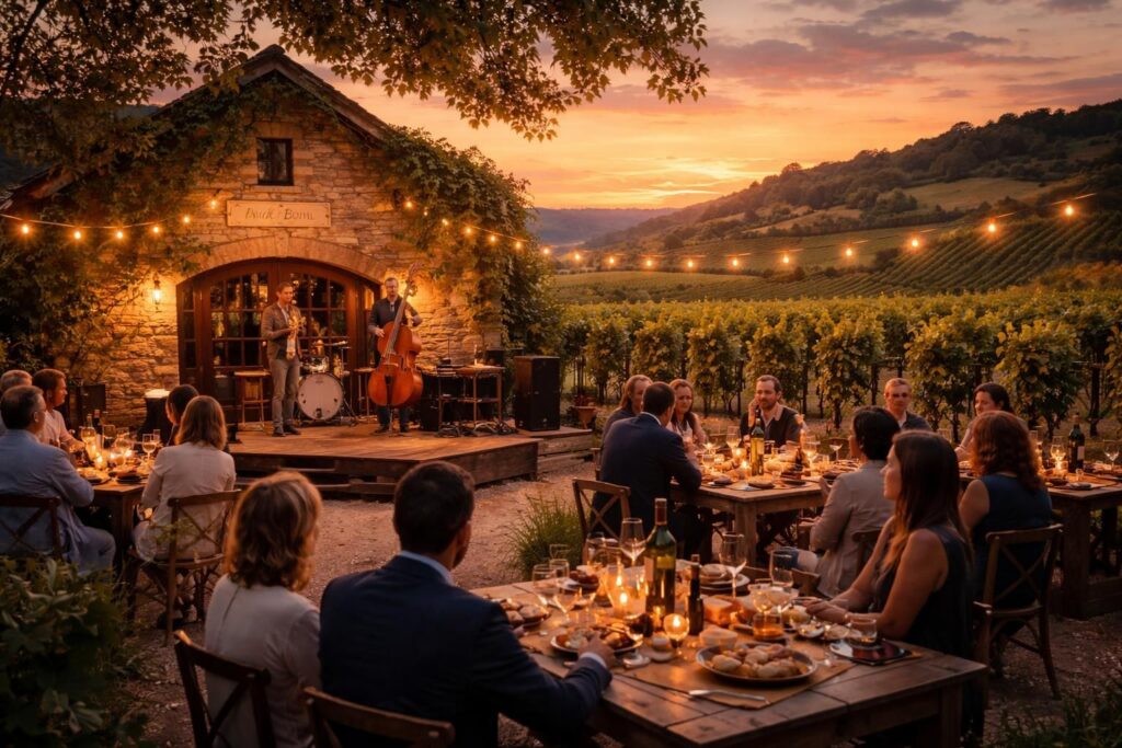 découvrez les dégustations de vins d'exception accompagnées de concerts de jazz organisés par cave lanrezac dans les magnifiques vignobles de champagne et bourgogne.
