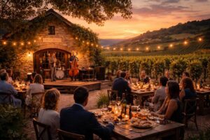 découvrez les dégustations de vins d'exception accompagnées de concerts de jazz organisés par cave lanrezac dans les magnifiques vignobles de champagne et bourgogne.
