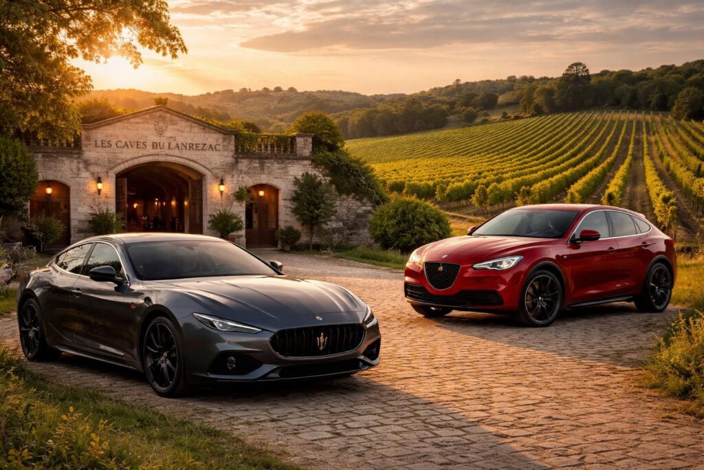 découvrez une expérience unique alliant œnologie et automobile en visitant les caves du lanrezac à bord de prestigieuses maserati ghibli et alfa romeo stelvio.