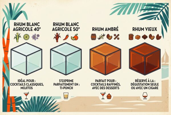 Quatre cubis illustrés présentant différentes variétés de rhum, dont cubi de rhum blanc agricole et ambre, avec des descriptions d’usage et décor estival.