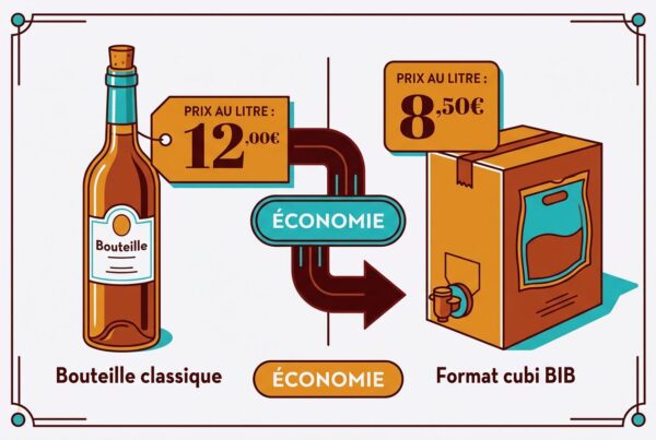Bouteille de rhum classique et cubi BIB, affiches de prix et flèche montrant l’économie via le format cubi. Cubi de rhum, choix économique pour soirées et cocktails.